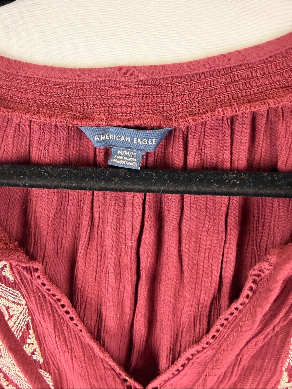 Boho American Eagle Outfitters Sz M Burgundy Embroidered Peasant Tunic - Picture 4 of 9